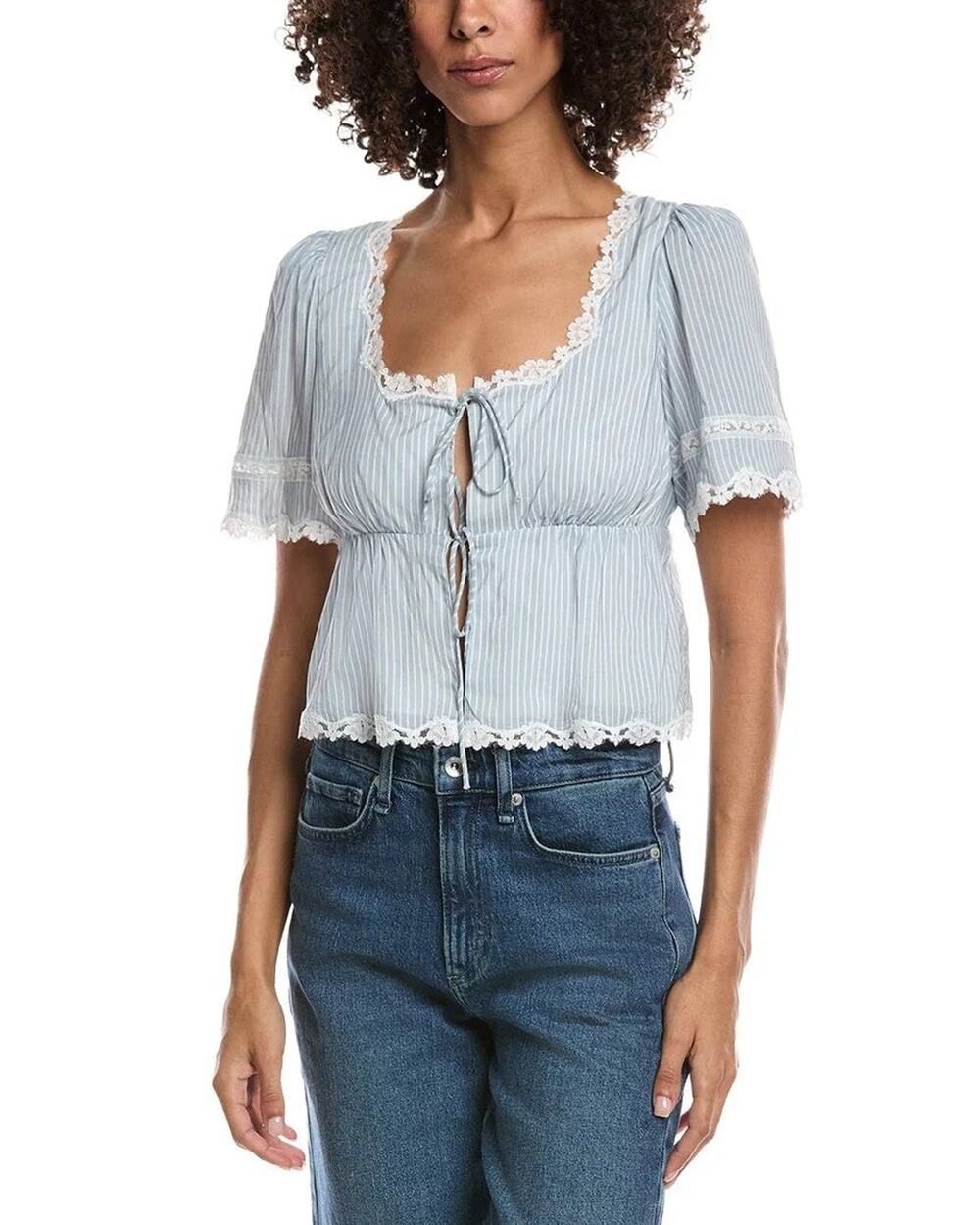 Lyra & Co Tie Front Short Sleeves Blouse - M